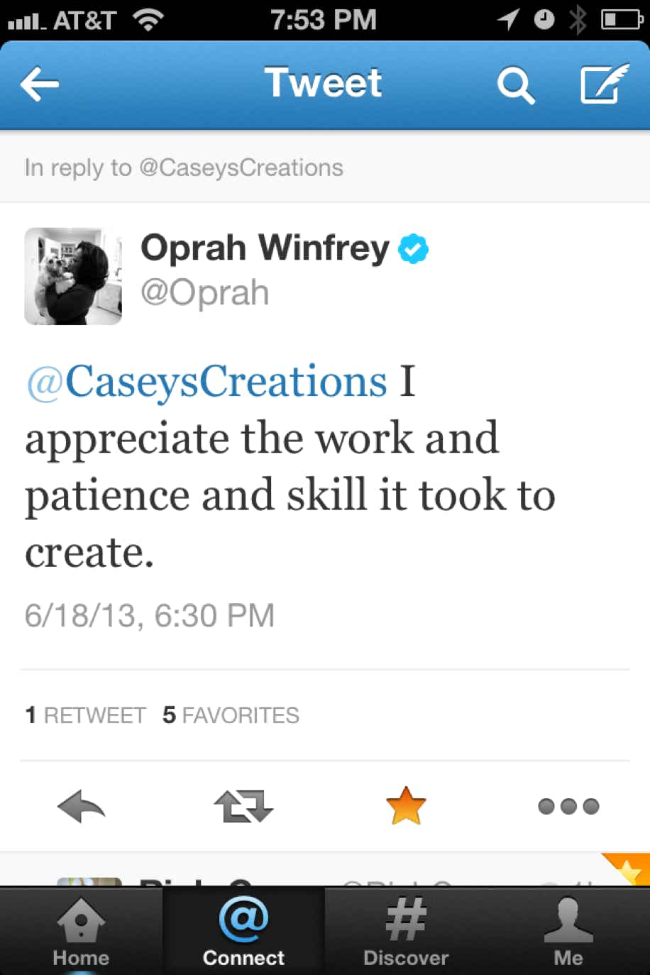 Tweet from Oprah Winfrey thanking casey for the wood carving, woodcarving, 